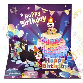 OBSEDE 3D Musical Pop Up Cat Birthday Cards for Women Men Light Blowable LED Candle Happy Funny Cake Colorful Greeting Cute Singing Gifts for Mom Dad Wife Husband Daughter Son Lovers with DIY Numbers