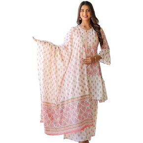 Yash Gallery Women's Cotton Floral Printed Kurti with Sharara and Dupatta (Grey, P)