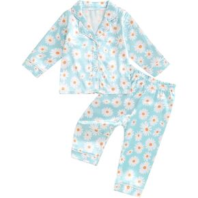 Multitrust Baby Girls Silk Pajamas Set Daisy Floral Girl Button Down Long Sleeve Shirts and Pants Infant Satin Pj Lounge Set