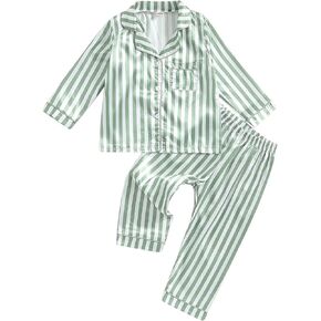 MAINESAKA Baby Girl Boy Silk Satin Pajamas Set Striped Long Sleeve Button Down Sleep Shirt Lounge Pants Pjs Kids Sleepwear