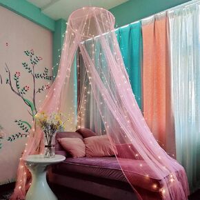 Eimilaly Bed Canopy Mosquito Net with 250pcs Warm White Curtain Lights, for Girls Room Decor or Theme Party, Pink/Warm Lights, Large (Pack of 1)