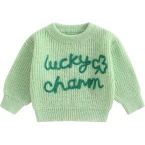 Baby St. Patricks Day Outfit Toddler Shamrock Embroidery Knit Sweater Pullover Sweatshirt Winter Spring Clothes in Kuwait