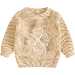 Baby St. Patricks Day Outfit Toddler Shamrock Embroidery Knit Sweater Pullover Sweatshirt Winter Spring Clothes