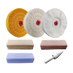 PURUI 7PC 4 Inch Buffing Wheel Kit for Drill or Mini Bench Grinder-Includes 3PC Buffing Wheels with Shellac Pin-Hole Center-3PC 100g Bar Brown, Blue, Rouge Polishing Compound-1PC 1/4" Drill Adapter