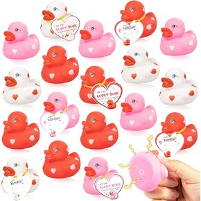 kockuu 20pcs Rubber Ducks with Cards Gift Valentines Day Party Favors Small 2.36" Assorted Pink Red White Squeaky Duckies in Bulk with Love Heart Cards Treats Giveaways for Kids Cupcake Topper