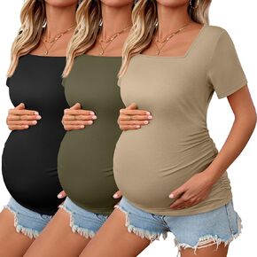 3 حزمة قمصان الأمومة النسائية جانب رقبة مربعة جانب قصير الأكمام قمم الأمومة غير الرسمية المحملات الحمل المحبوكة
