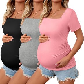 3 Pack Women's Maternity Shirts Square Neck Side Ruched Short Sleeve Maternity Tops Casual Knitted Pregnancy Tees in Kuwait