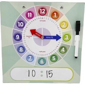 Kids Teaching Clock with Moveable Arms, Dry Erase Surface, Magnetic Hanging Strips, Educational Learning Tool for Time-Telling Skills. Perfect for Classrooms and Homes