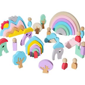 Adena Montessori Wooden Rianbow Stacker Playset,8-in-1 Building Blocks Early Development & Activity Toys Montessori Toys for Kids,3 4 5 Years and Older Gifts for Boys and Girls,Colorful Blocks Puzzles