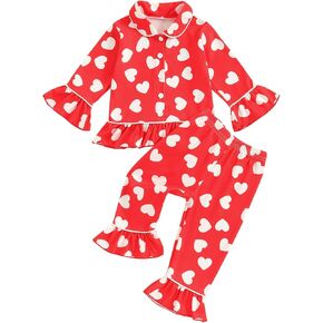 BULINGNA Toddler Kids Baby Girl Valentine Two Piece Pajamas Set Ruffle Heart Print Pajamas Top and Pants Sleepwear Pjs Set