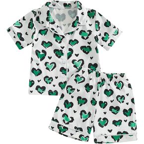 Toddler Baby Boy Girl St. Patricks Day Silk Pajamas Set Luck Clover Short Sleeve Shirts Top Pj Shorts Satin Nightgown