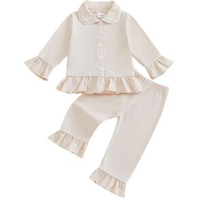 fhutpw Toddler Kids Baby Girl Pajamas Set Solid Color Ruffle Long Sleeve Button Shirt Top Pants Cotton Infant 2Pcs Pjs Set