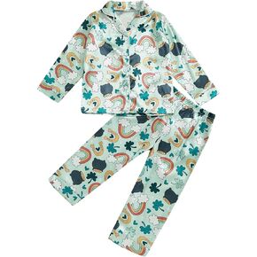 Toddler Girl Boy Satin Silk Pajamas Bow Clover Print Pajama Set Button Down Tops Pants St Patricks Day PJs Nightgown