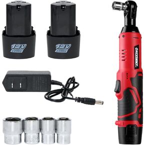 3/8" Electric Ratchet Wrench, 12V Cordless Ratchet Wrench, 380RPM Battery Powered Ratchet Wrench Set with LED Light, 2 x 2.0Ah Batteries & 4 Sockets, Fast Charger for Car Home