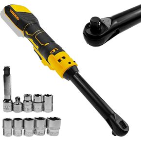 3/8" Extended Cordless Ratchet Wrench for Dewalt 20V Series Batteries, 600 RPM, 100 N.m Electric Power Ratchet Set with 8 Metric Sleeves,Built-in LED Light, Extended 6-inch Long Neck