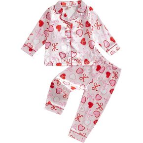 Kids Baby Girls Satin Pajamas Set Valentines Day Heart Pajamas Button Shirt Pj Pants Toddler 2 Piece Pjs Sleepwear