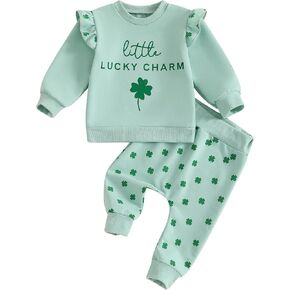 Gueuusu Toddler Baby Girl St. Patrick's Day Outfit Clover Print Ruffle Long Sleeve Sweatshirt Top and Pants Set Irish Outfits
