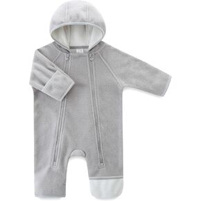 Baby Romper Winter Boy Girl Solid Polar Fleece Zipper Fold-over Mitten Footie Hooded Jumpsuit Outerwear Fall Spring
