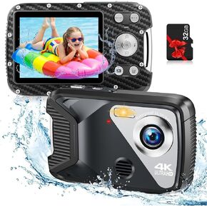 Underwater Camera, UHD 4K 48MP Waterproof Camera with 18X Zoom Selfie Screens,16FT Compact Waterproof Digital Camera with 32GB Card,Fill Light Underwater Camera for Snorkeling(Black)