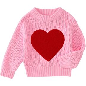 MODNTOGA Toddler Girl Valentine's Day Sweater Chenille Love Heart Patch Pullover Top Long Sleeve Knit Crewneck Blouse Outfit