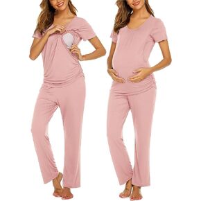 Ekouaer Women's Maternity Nursing Pajamas Set Breastfeeding Sleepwear Double Layer Short Sleeve Top & Pants Pregnancy PJS