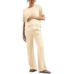 Tankaneo Womens Postpartum Maternity Pajamas 2 Piece Sets Rib Short Sleeve Nursing Tops and Elastic Waist Pants Loungewear