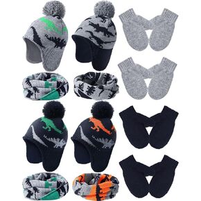 SATINIOR Winter Toddler Boys Hat Dinosaur Warm Mittens Scarf Set Pompom Baby Beanie Knitted Baby Hat Scarf Gloves Earflaps