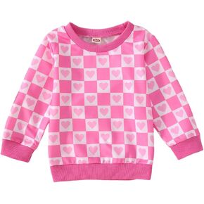 Toddler Baby Girl Valentine's Day Sweatshirt Cute Checkered Heart Graphic Pullover Crewneck Long Sleeve Shirt Tops