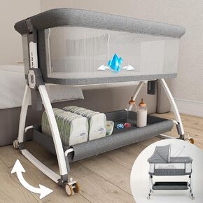 Baby Rocking Bassinet Bedside Sleeper - All Mesh Portable Bedside Crib for Safe Co-Sleeping, Storage Basket and Wheels, Adjustable Height, Includes Travel Bag, Mosquito Net (Wood Grain, Grey)