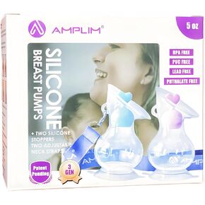Amplim Manual Breast Pump | Two Pack Food Grade Silicone Milk Collector for Breastfeeding Nursing Mom with Stopper and Lanyard | Registry Essentials for Newborn, Infant, Baby | 5 oz (Pink Blue/Green)