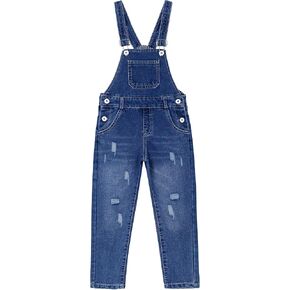KIDSCOOL SPACE Boy Girl Slim Denim Overalls,Ripped Holes Elastic Waistband Inside Jeans Workwear Pants