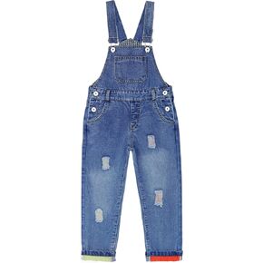 KIDSCOOL SPACE Boy Girl Slim Denim Overalls,Ripped Holes Elastic Waistband Inside Jeans Workwear Pants