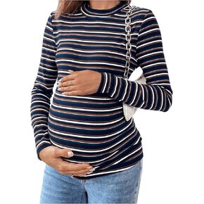 SweatyRocks Women's Maternity T Shirt Striped Long Sleeve Crew Neck Fitted Ribbed Knit Tee