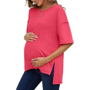 RUBZOOF Women's Maternity Shirts Short Sleeve Pregnancy Tops Side Split Casual T Shirts Tunic Mama Clothes