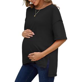 RUBZOOF Women's Maternity Shirts Short Sleeve Pregnancy Tops Side Split Casual T Shirts Tunic Mama Clothes