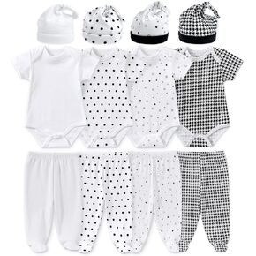 Jimonda Usisex Baby Layette مجموعة ملابس لطيفة من 12 قطعة مجموعة للبنين والبنات مع سراويل القبعات الهدايا (بالأبيض والأسود ، 9-12 شهر) in Kuwait