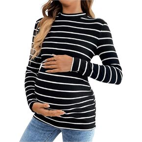 SweatyRocks Women's Maternity Tops Striped Mock Neck Long Sleeve Ribbed Knit T Shirt Pregnancy Clothes