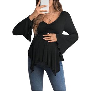 Women's Maternity Shirts Bell Long Sleeve Pregnancy Tops Ruched V Neck Asymmetrical T-Shirt