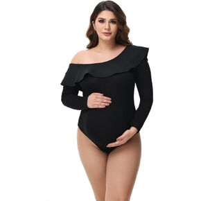 JustVH Women's Off Shoulder Maternity Bodysuit for Photoshoot Long Sleeve Elegant Ruffle Pregnancy Onesie Bodysuit