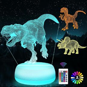 Dinosaur Night Light, Night Light for Kids – Third-Generation 3D Acrylic Night Light, 16 Color Changing Lamp with 3 Dino Patterns Remote Control, Boys and Girls Gift for Birthday Christmas