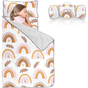 Pea Pod Toddler Nap Mat with Pillow & Fleece Blanket Ultra Soft Kids Rolled Napping Mats for Daycare, Preschool-Kindergarten, Extra Large Slumber Bags for Boys Girls, Fits Ages 3-7 Years (Rainbow)