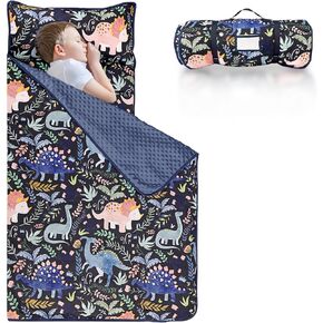Pea Pod Toddler Nap Mat with Pillow & Fleece Blanket Ultra Soft Kids Rolled Napping Mats for Daycare, Preschool-Kindergarten, Slumber Bags for Boys Girls, Fits Ages 3-7 Years (Dinosaur)