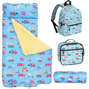 Toddler Nap Mat with Matching Backpack & Lunchbox, Kids Sleeping Bag with Removable Pillow & Blanket, Napping Mats for Preschool, Daycare, Travel, Pre K Roll up Slumber Bags for Ages 3-6 Years