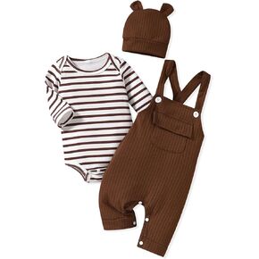 HINTINA Newbrn Baby Boy Clothes Long Sleeve Bodysut Bib Overall Pants Set With Hat Fall Winter Outfits