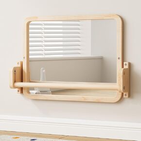 Montessori Mirror مع بار ، سحب الطفل للوقوف ، الإطار الخشبي الطبيعي وشريط الأطفال ، مرآة طفل قابلة للتعديل ، تنسيق الرضع مرآة صغيرة ، مونتيسوري الأثاث لمدة 6-18 أشهر