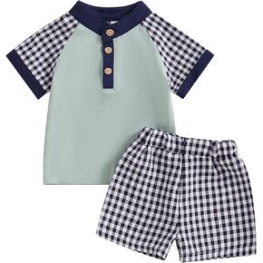 YINGISFITM Toddler Baby Boy Clothes Summer Short Sleeve T Shirt Boy Shorts 2Pcs Plaid Outfit Cute Infant Boys Clothing Set
