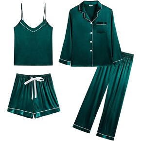 SWOMOG Womens Silk Satin Pajamas Sets 4pcs Loungewear Sexy Cami Shorts Set Button Down Long Sleeve Pjs Sleepwear