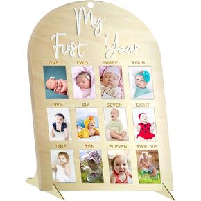 One Year Birthday Wooden Picture Frame, Baby's First Twelve Months Photo Collage and Gender Neutral Keepsake, New Mom Keepsake Gift and Nursery Decor - With Stand