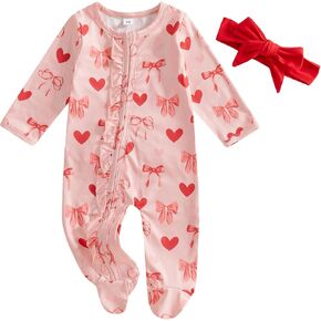 Newborn Baby Girl Bow Heart Footies Romper Long Sleeve Sleeper Headband Zip Up Footed Overalls Coming Home Outfits