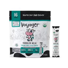 Voyager Toddler Milk On The Go, USDA Organic Shelf Stable Whole Milk Powder, Great for Travel, No Refrigeration, Gluten Free with No GMO's and No Antibiotics for Kids, 16 Sachets of 15g